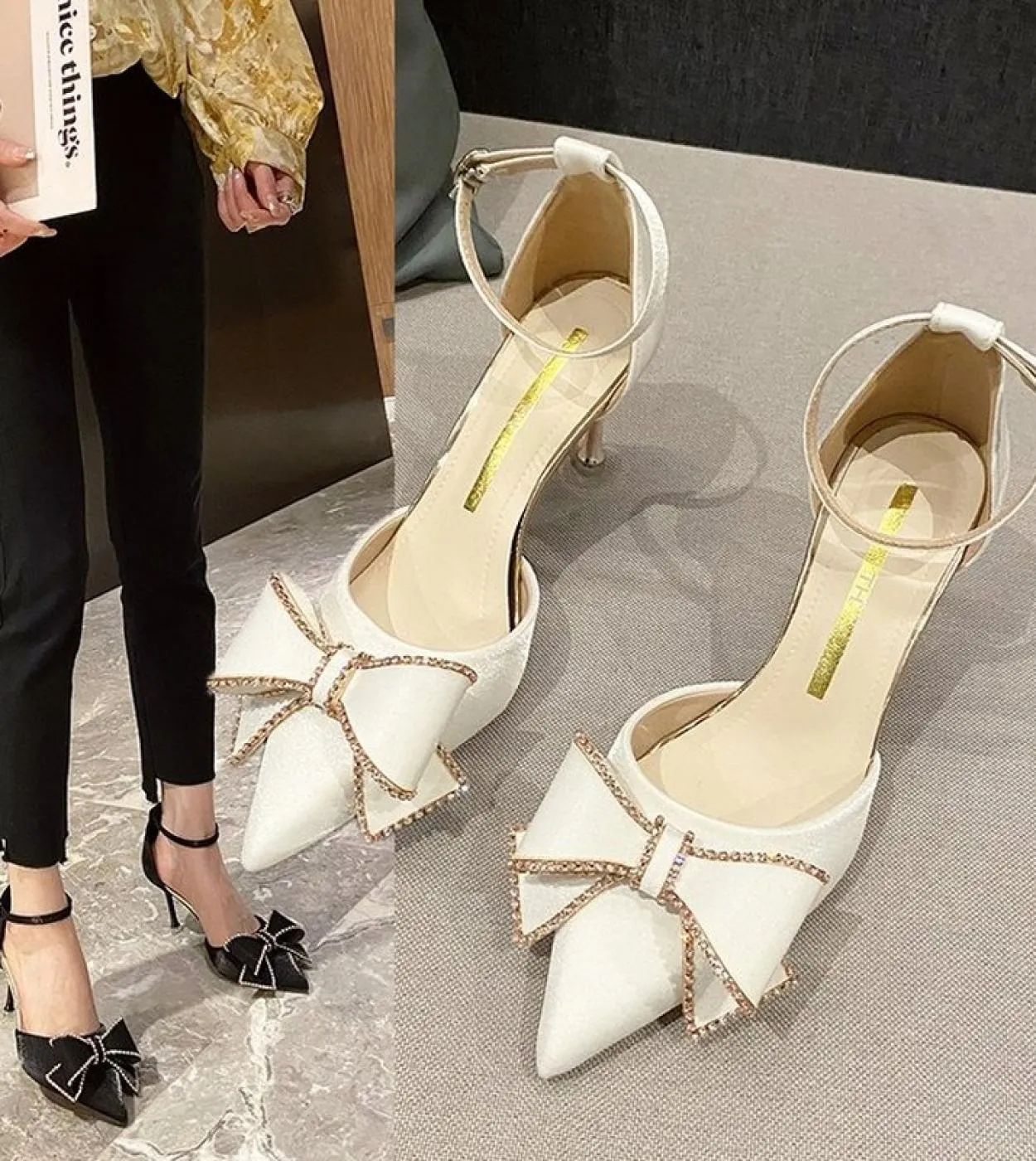 2022 Sandali dolci Sandali estivi Donna New Pointed Fairy Bow Tacco medio Baotou Diamond Tacco sottile Scarpe Tacco alto