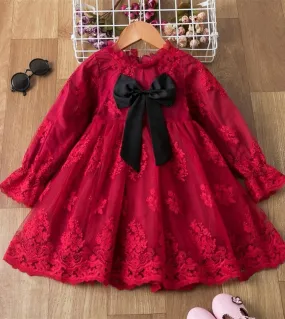 Abito a fiori in pizzo rosso per ragazza Bambini Autunno Abiti a maniche lunghe con fiocco Bambina per bambina Festa di complean