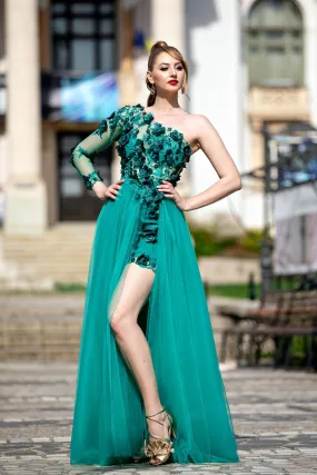 Abito corto verde smeraldo a fiori 3 D mono manica con gonna lunga e ampia in tulle non staccabile