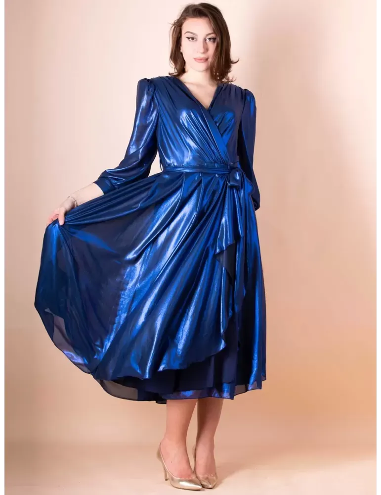 Abito incrociato con gonna a ruota lurex azzurro Sonia Pena