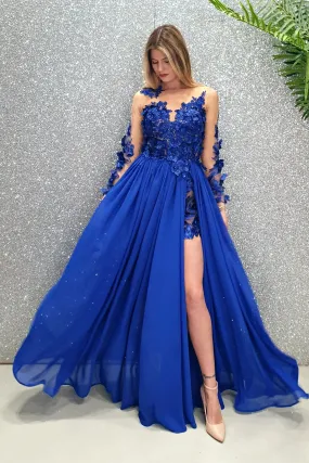 Abito lungo blu elettrico Axa con lo strascico e corpetto in tulle nude a fiori 3D
