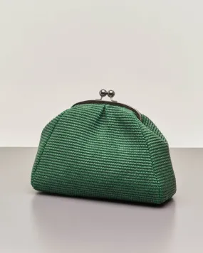 Borsa grande verde in raffia con chiusura a clip in metallo con tracolla a catena removibile
