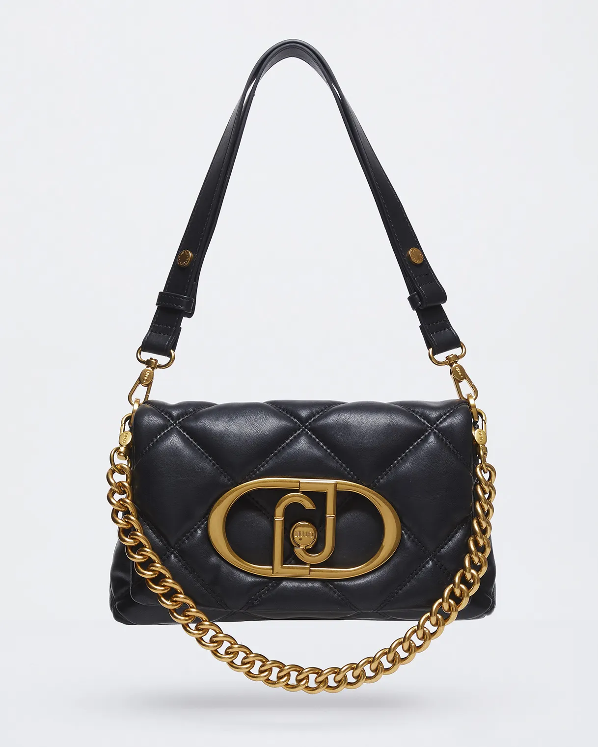 Borsa Puffy Icon nera in similpelle trapuntata a rombi con placca maxi logo sulla patta e catena dorate rimovibile