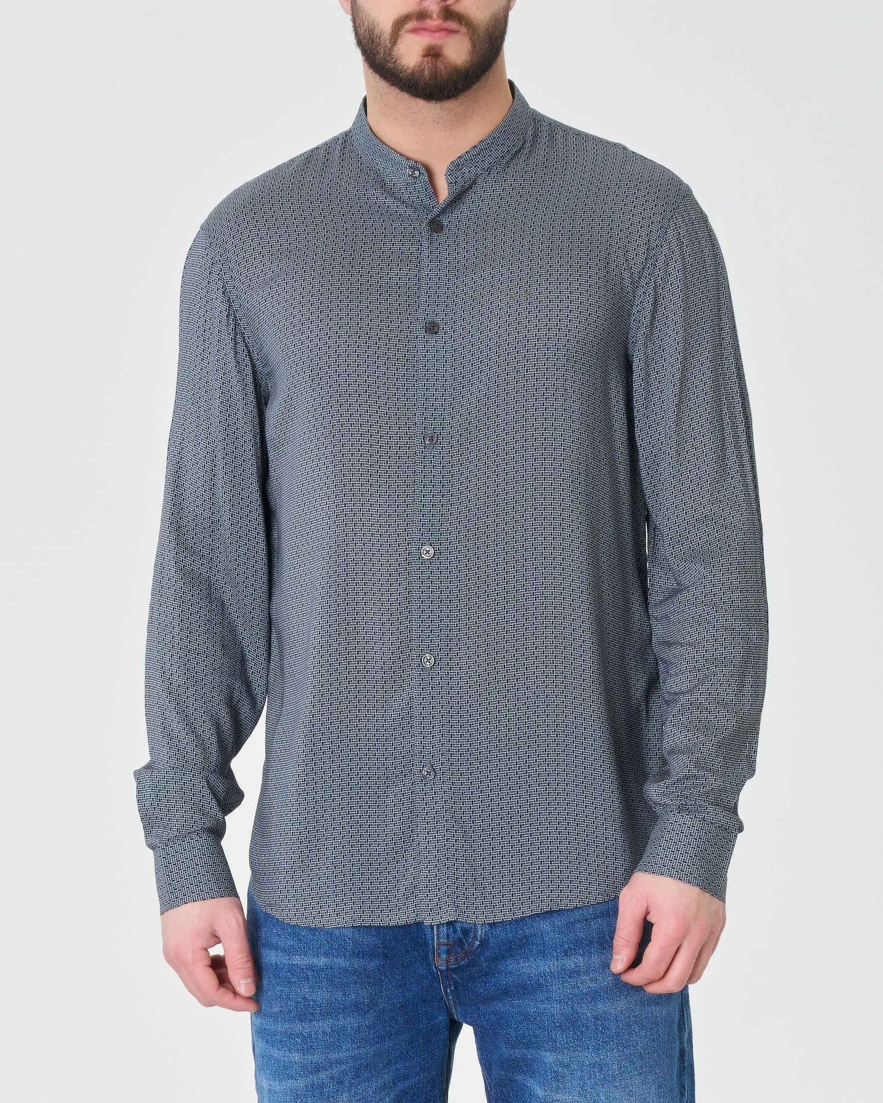 Camicia a coreana grigio antracite in viscosa microfantasia a stanghette