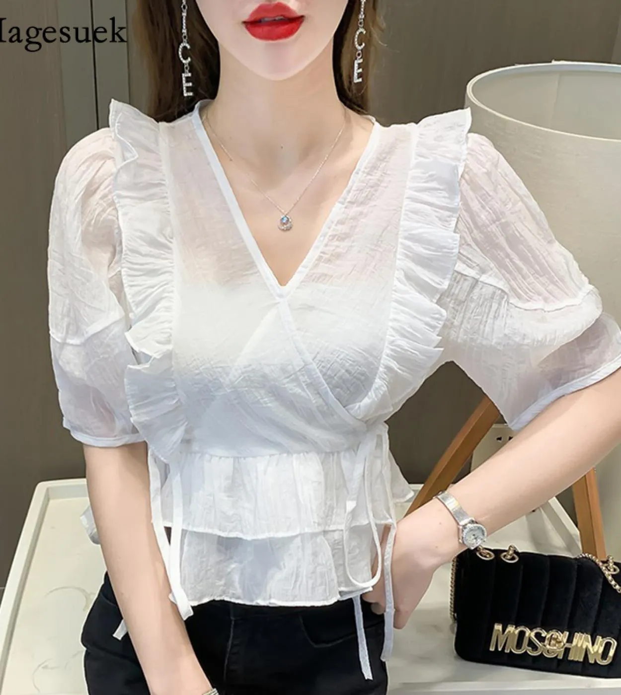 Camicia in chiffon bianco a maniche corte in pizzo a sbuffo con scollo a V camicetta con pieghe arricciate Abbigliamento donna e