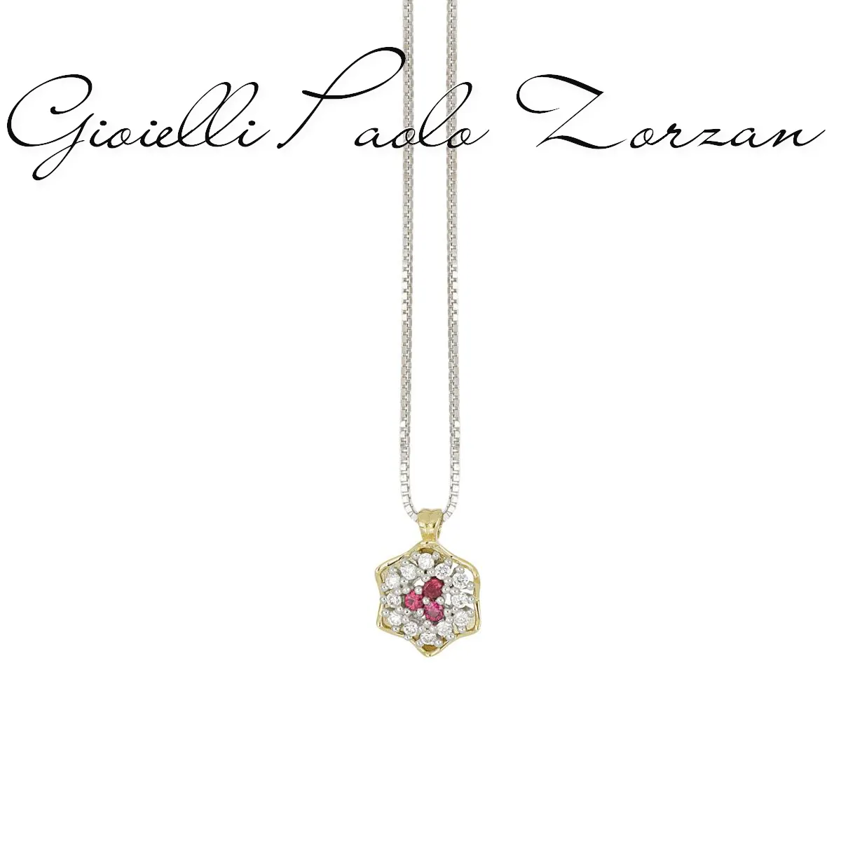 Collana Artlinea con pendente a fiore in oro bianco e giallo 18 kt con diamanti bianchi naturali e rubini CD704/RU-LO