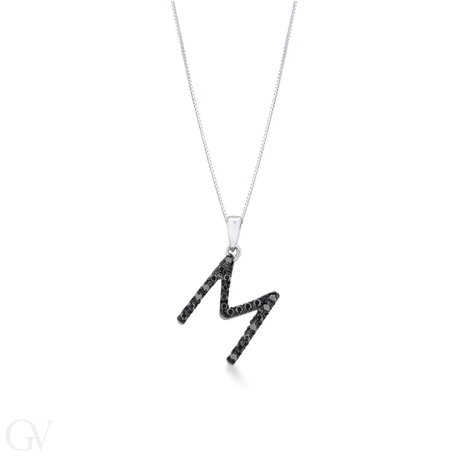 Collana lettera M in oro bianco 18k con diamanti neri