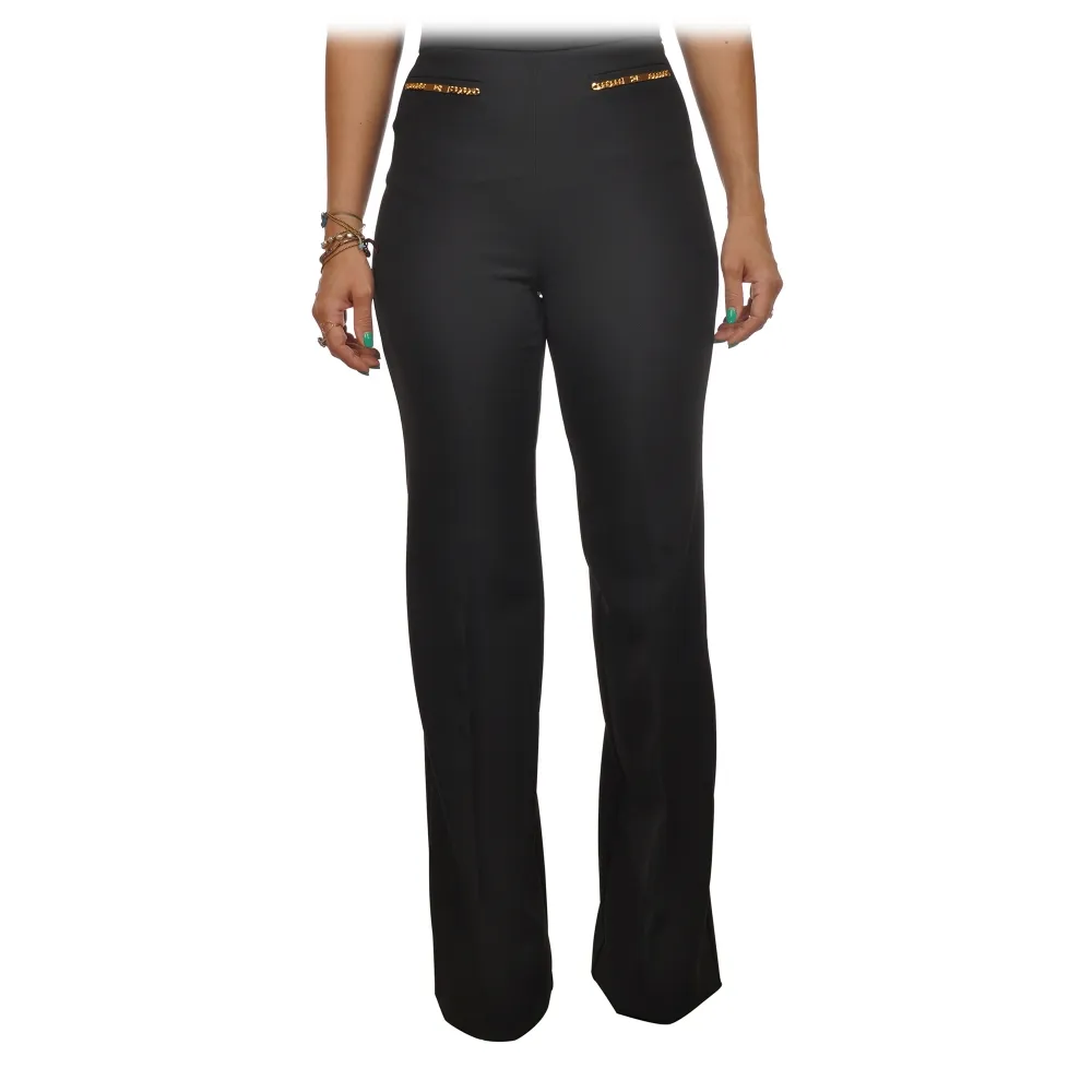 Elisabetta Franchi - Pantalone a Palazzo in Tessuto Tecnico - Nero - Pantaloni - Made in Italy - Luxury Exclusive Collection