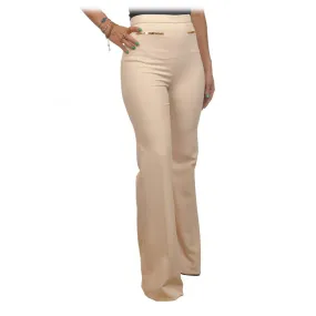 Elisabetta Franchi - Pantalone a Palazzo in Tessuto Tecnico - Panna - Pantaloni - Made in Italy - Luxury Exclusive Collection
