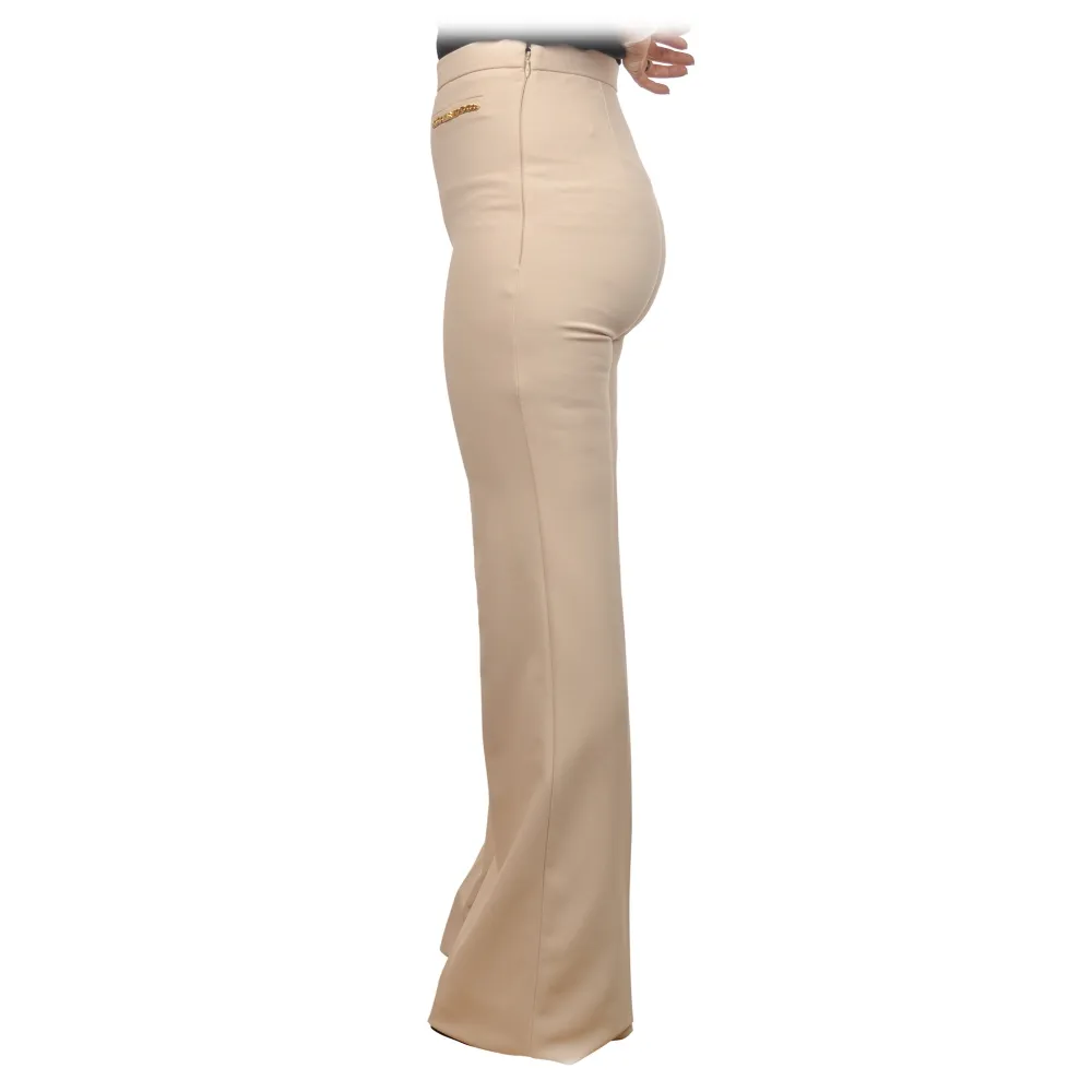 Elisabetta Franchi - Pantalone a Palazzo in Tessuto Tecnico - Panna - Pantaloni - Made in Italy - Luxury Exclusive Collection