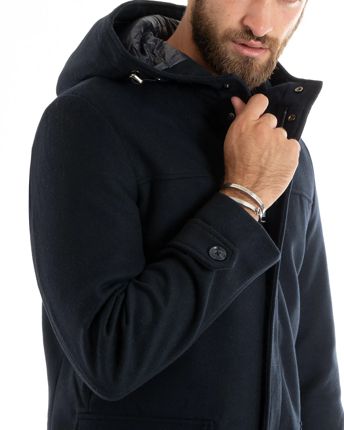 Giubbotto Uomo Trench Di Lana Imbottito Giaccone Lungo In Panno Con Cappuccio Blu GIOSAL-G3094A