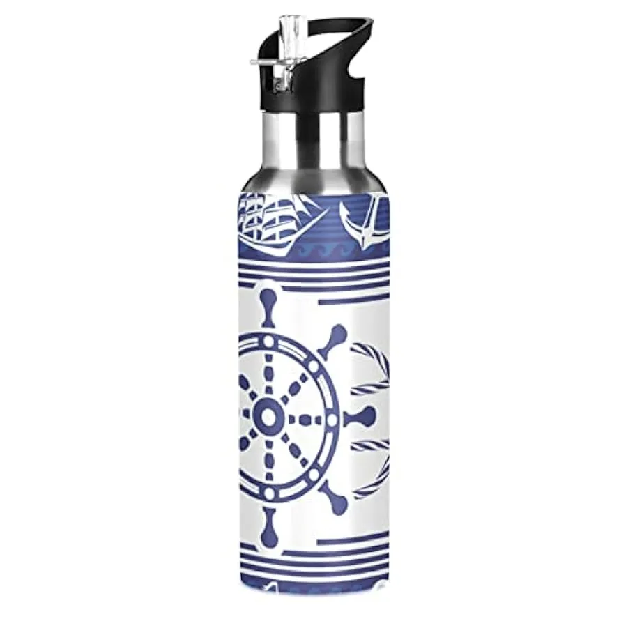 KAAVIYO Barca A Ruota Blu Mare Bottiglia Acqua Isolato Borraccia Termica Acciaio Inox 600ML Water Bottle per Bambini Sport Cicli