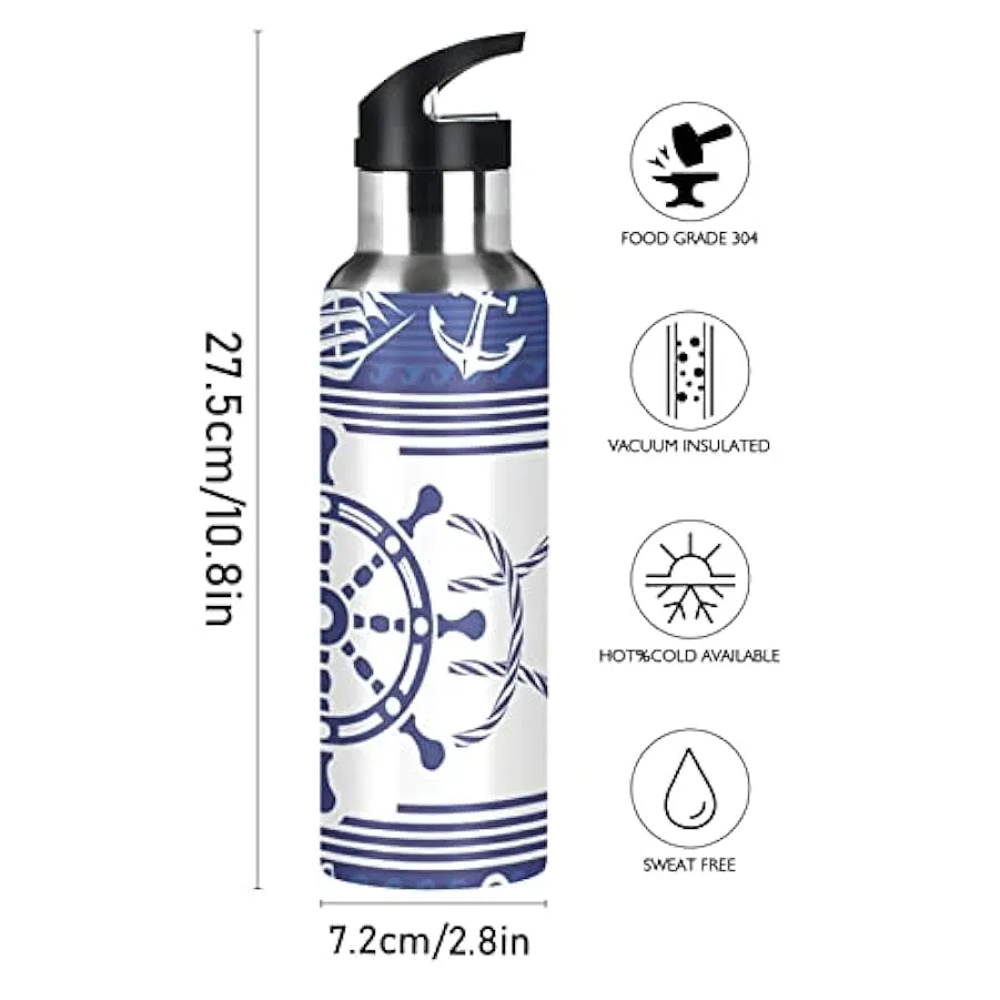 KAAVIYO Barca A Ruota Blu Mare Bottiglia Acqua Isolato Borraccia Termica Acciaio Inox 600ML Water Bottle per Bambini Sport Cicli