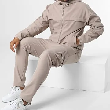LL715 Felpa con cappuccio e zip e set di pantaloni cargo color taupe