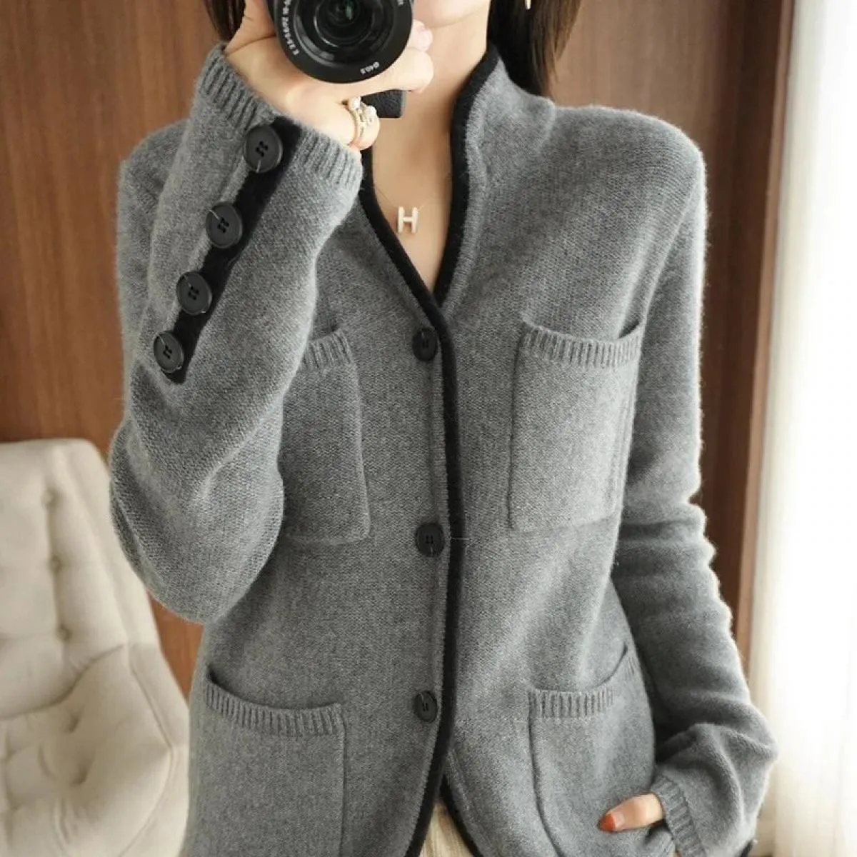 Maglione Autunno Inverno 2024 Cardigan da donna con colletto rialzato Top in maglia casual Giacca da donna taglie forti
