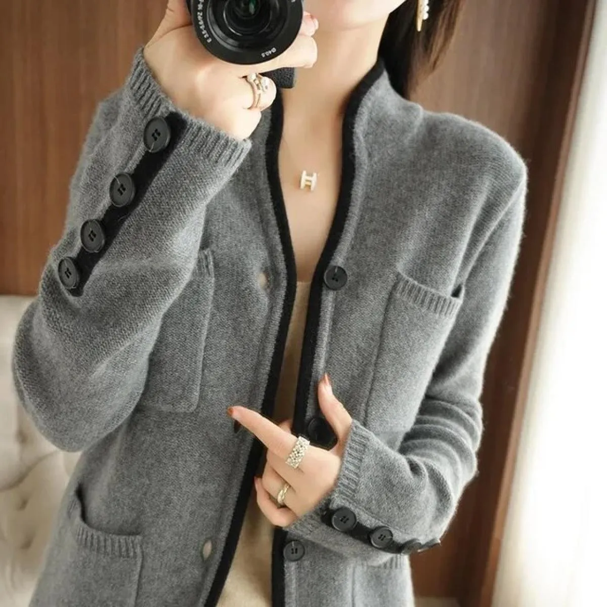 Maglione Autunno Inverno 2024 Cardigan da donna con colletto rialzato Top in maglia casual Giacca da donna taglie forti