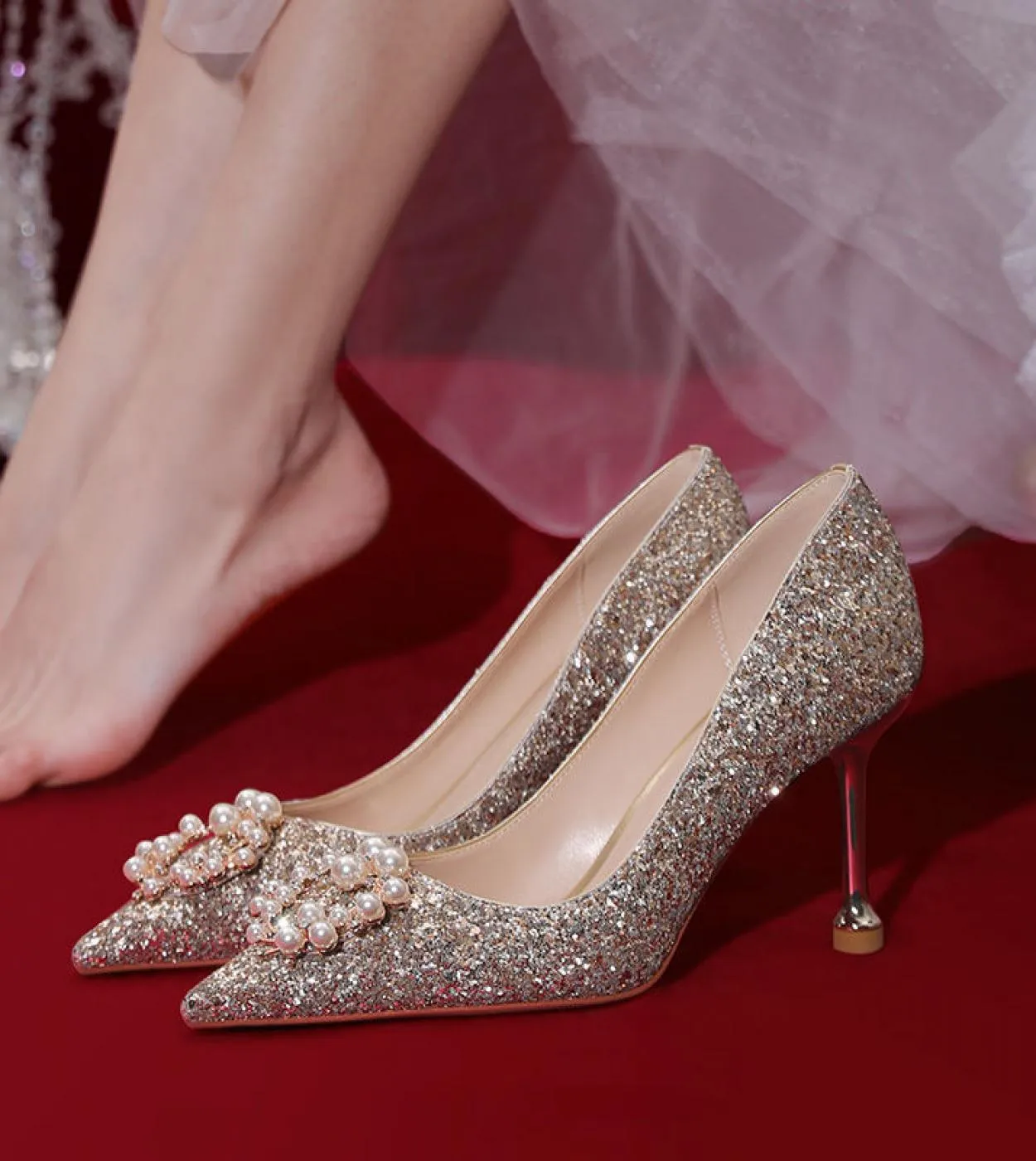 Nuove scarpe da sposa da sposa con paillettes tacchi alti pompe da donna perle oro strass scarpe di cristallo scarpe da donna in