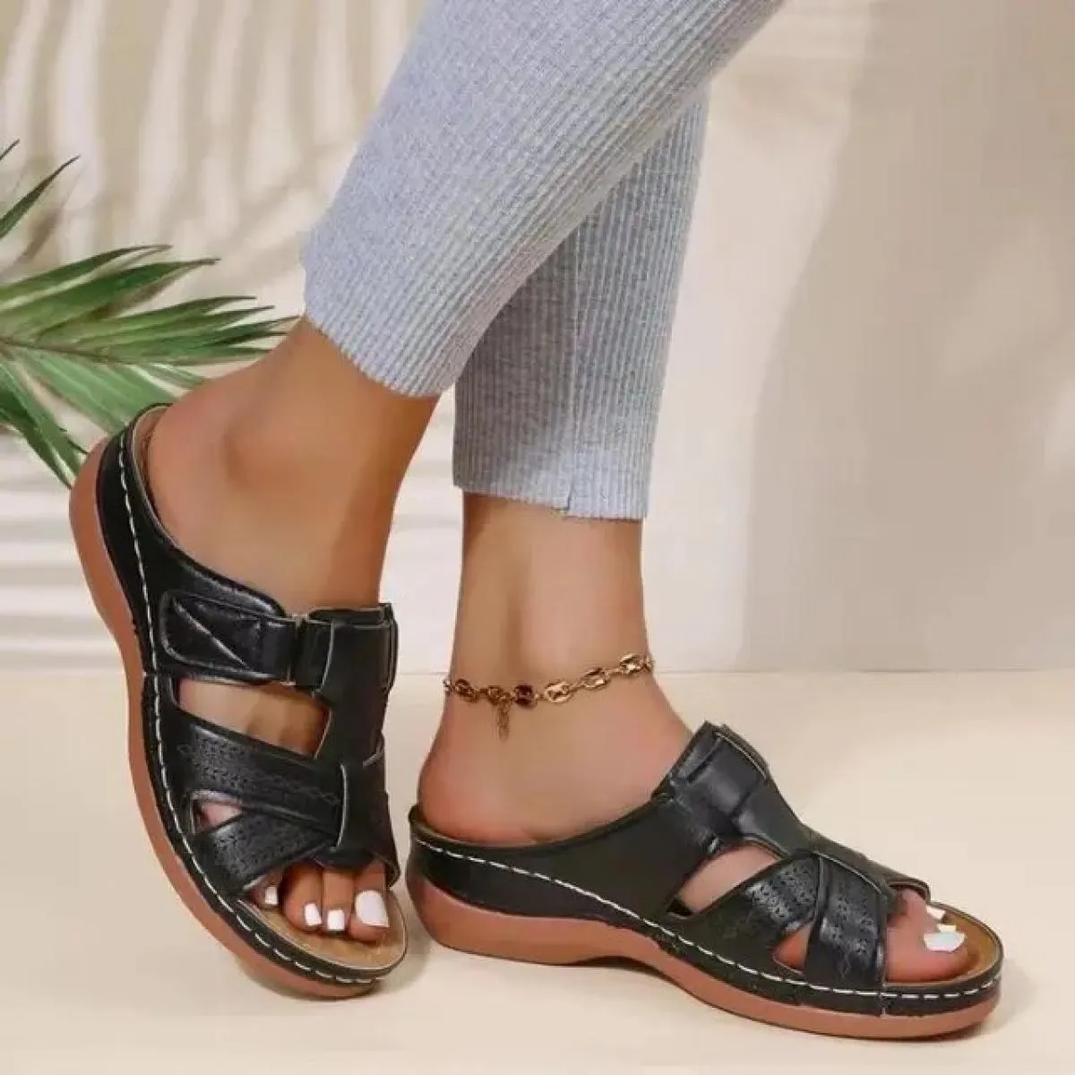 Sandali con zeppa da donna estivi Sandali ortopedici premium con punta aperta Scarpe con plateau femminili casual in pelle PU an