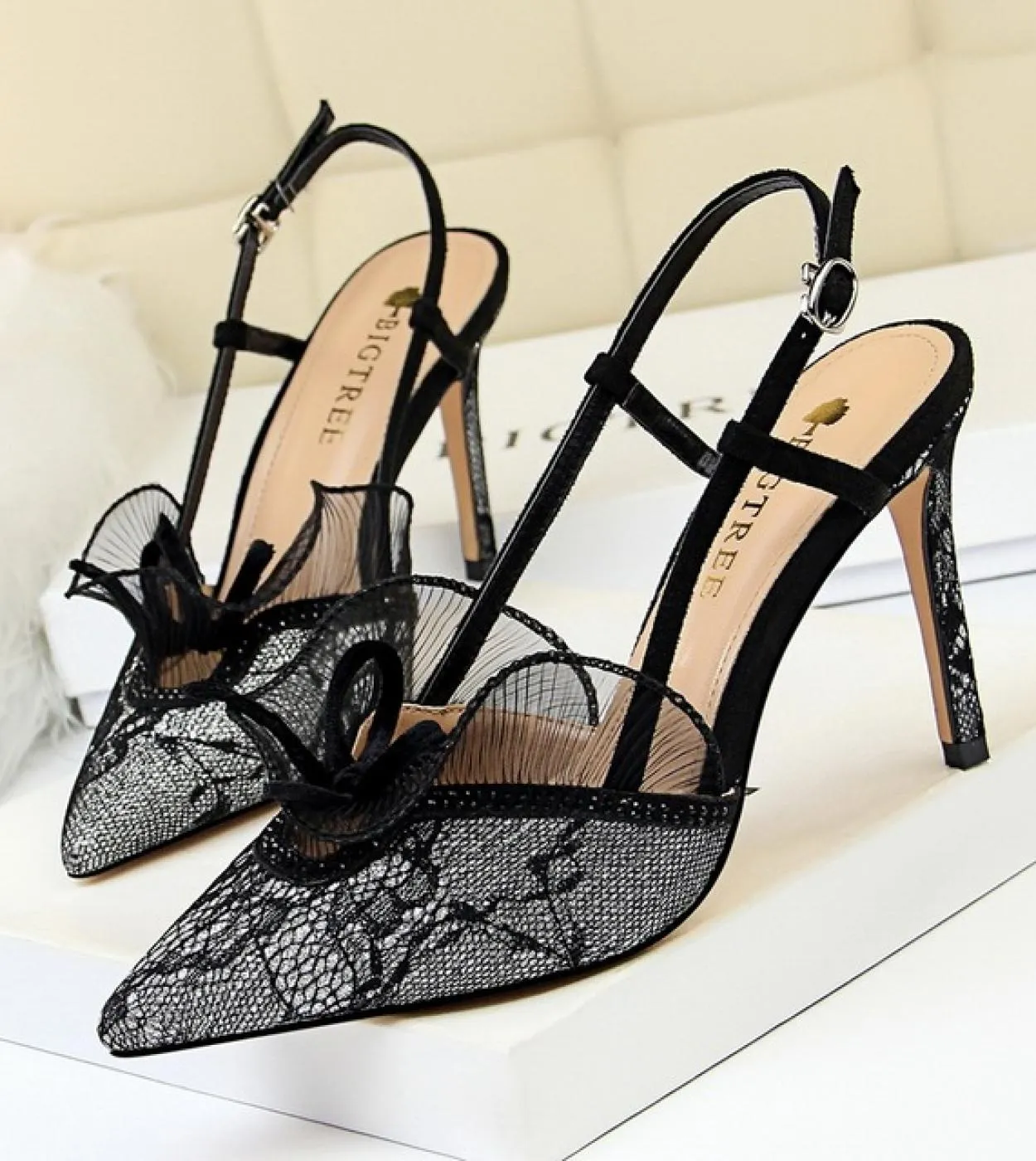 Sandali estivi donna 5cm 9cm Tacchi alti Sandali di qualità Lady Lace Mesh Fetish Slingback Mules Sweet Middle Low Heels Par