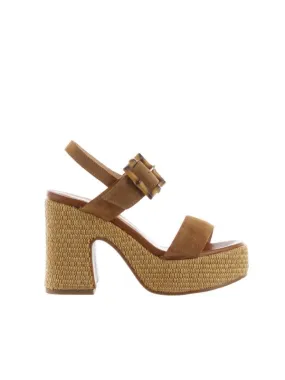 Sandalo in crosta con fondo platform in raffia