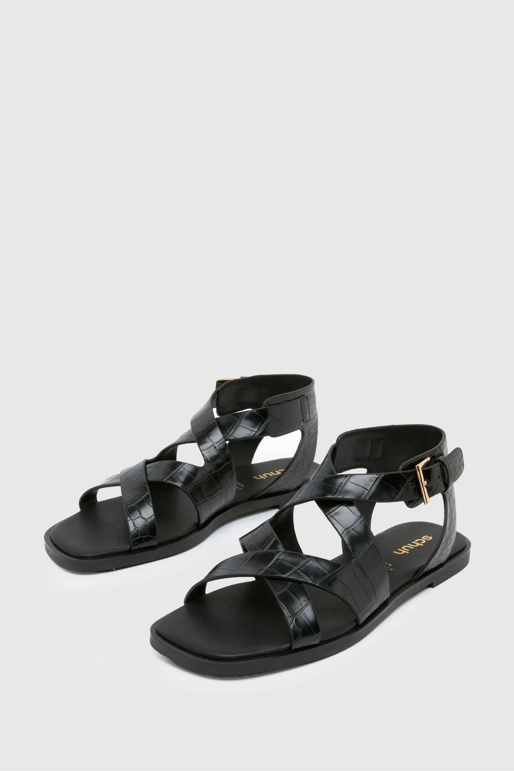 Schuh Tide - Nero piatta effetto coccodrillo - Sandali