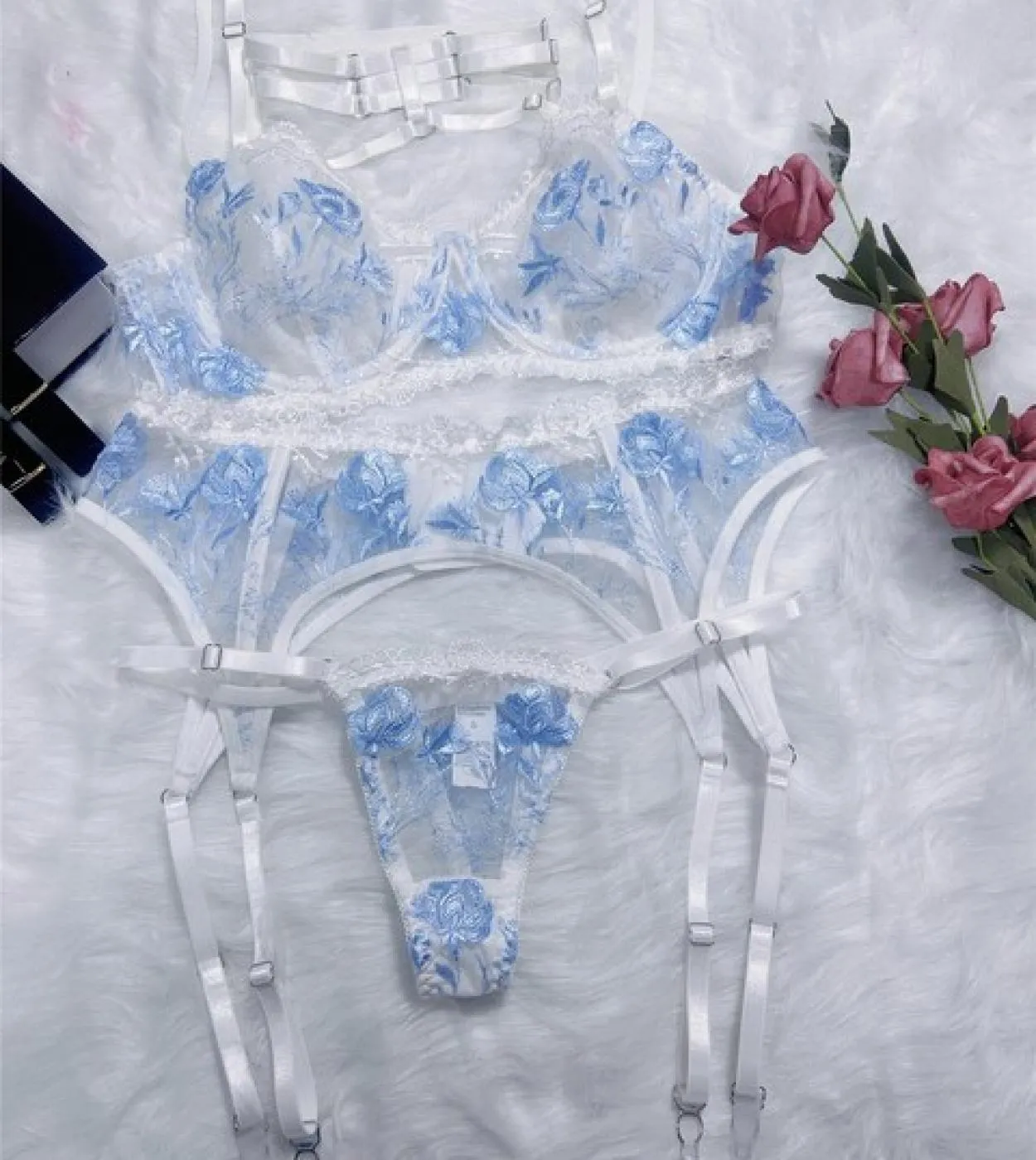 Sensual Lace Lingerie Women Delicate Fancy Underwear Reggiseno con ferretto Push Up Mutandine trasparenti Giarrettiera Ricamo Fi