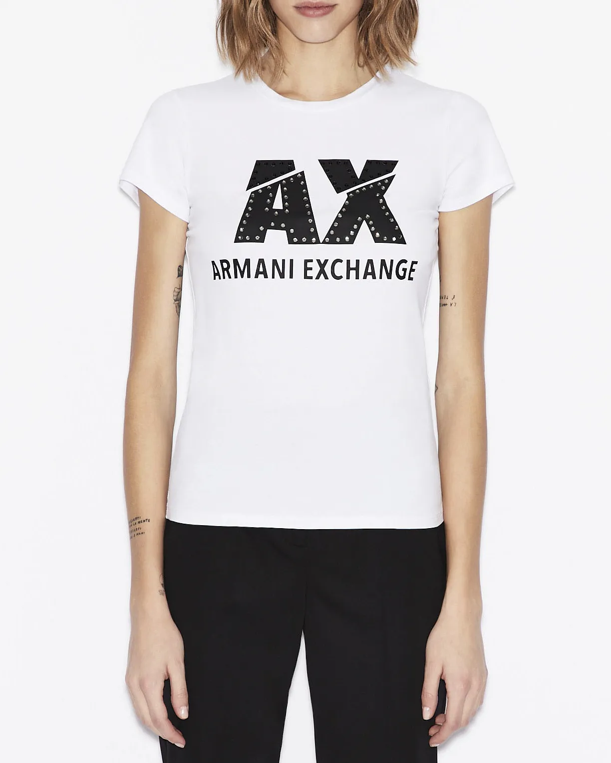 T-shirt bianca in cotone a maniche corte con scritta logo nera con lampo e strass applicati