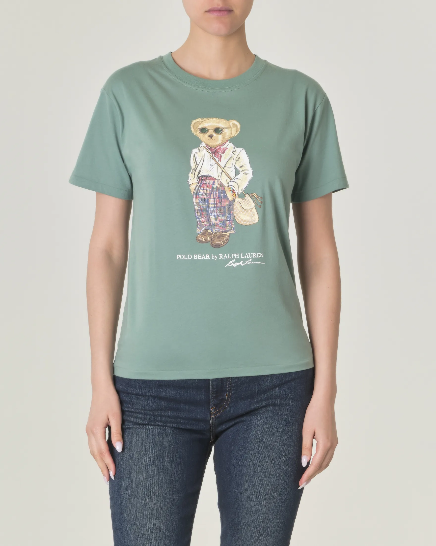 T-shirt verde in cotone a maniche corte Polo Bear stampato a contrasto di colore