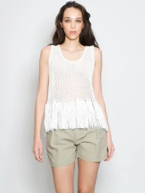 Top in Maglia Crochet con Frange Panna